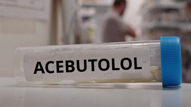 Acebutolol medicine container with tablets on pharmacy counter