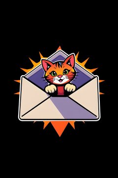 Cute ginger kitten peeking out of an open envelope with an orange starburst background