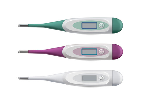 Digital thermometers in different colors on transparent background