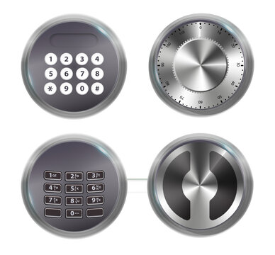 Combination Lock Padlock 3D Set Security Padlocks with Number Code Dials and Safe Strongbox Vault Locker , Isolated on Transparent Background. Vector illustration