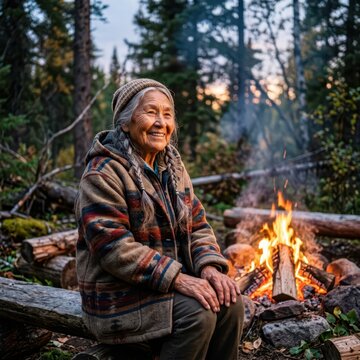 Seniors joyfully spend time outdoors in nature. A happy older woman sits comfortably and smiles warmly by a crackling campfire in the forest.