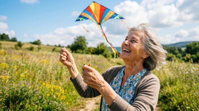 Seniors joyfully spend time outdoors in nature. A smiling older woman experiences pure joy while flying a colorful kite in a grassy meadow.