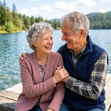 Seniors joyfully spend time outdoors in nature. A cheerful elderly couple shares a loving laugh while sitting together on a wooden lake dock.
