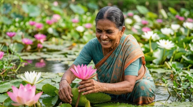 Seniors joyfully spend time outdoors in nature. A happy senior woman tends to beautiful pink lotus flowers blooming in a tranquil outdoor pond.