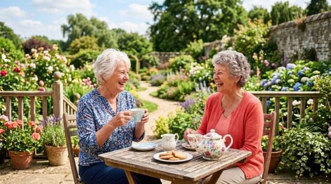 Seniors joyfully spend time outdoors in nature. Two cheerful older friends laugh together while drinking tea in a beautiful blooming garden.