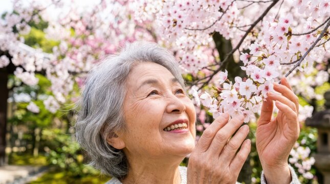 Seniors joyfully spend time outdoors in nature. An older woman smiles with wonder while gently admiring pink cherry blossoms in the spring.