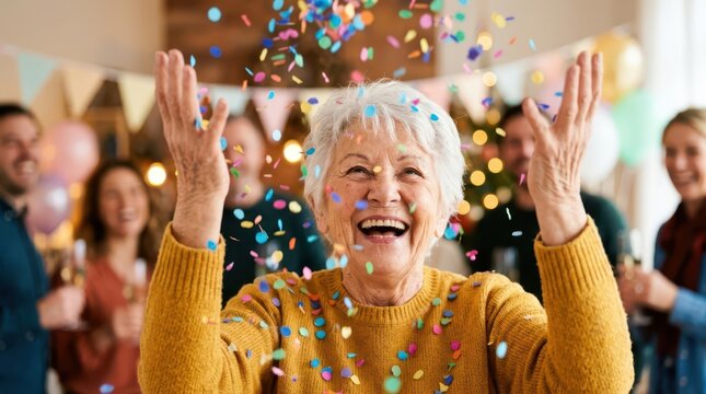 Seniors happily celebrate during a festive family gathering. An elderly woman joyfully tosses colorful confetti into the air at a party.