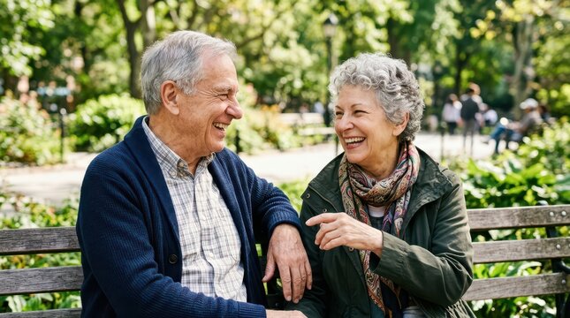 Seniors joyfully spend time outdoors in nature. A cheerful older couple shares a hearty laugh while sitting together on a green park bench.