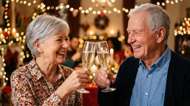Seniors happily celebrate during a festive family gathering. An older couple smiles warmly while toasting with champagne glasses at a holiday dinner.
