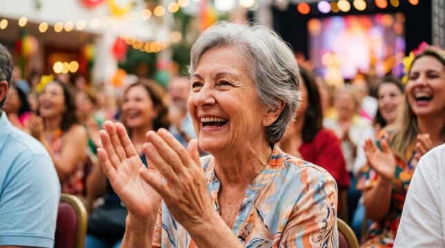 Seniors happily celebrate during a festive family gathering. A happy older woman enthusiastically claps her hands at a crowded social event.