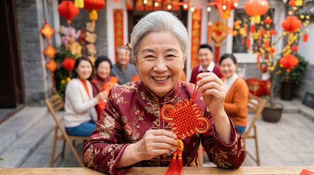 Seniors happily celebrate during a festive family gathering. A senior woman in traditional dress smiles holding a red knot ornament outdoors.