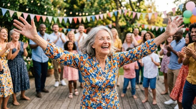 Seniors happily celebrate during a festive family gathering. A joyful elderly woman dances with her arms wide open at an outdoor party.
