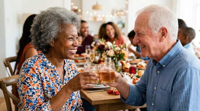 Seniors happily celebrate during a festive family gathering. A smiling diverse senior couple toasts with drinks at a crowded holiday dinner table.