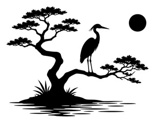 Fototapeta premium Heron bird silhouette standing on bonsai tree branch with sun and lake landscape
