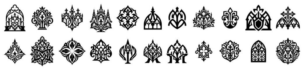 Gothic ornaments and heraldic symbols including pointed arches and fleur de lis black and white vector © Anna