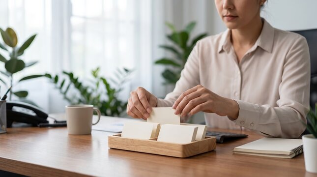 Businesswoman organizing small blank paper cards in a partitioned wooden desktop tray