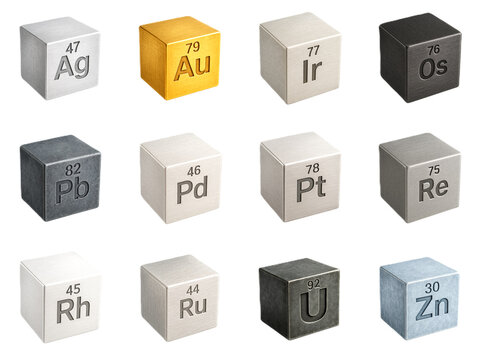 Collection of various chemical elements represented as metallic cubes