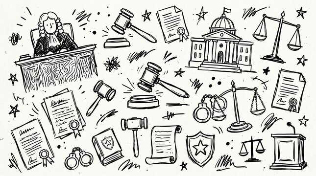 Law and justice doodle elements including judge gavel scales of justice courthouse and handcuffs