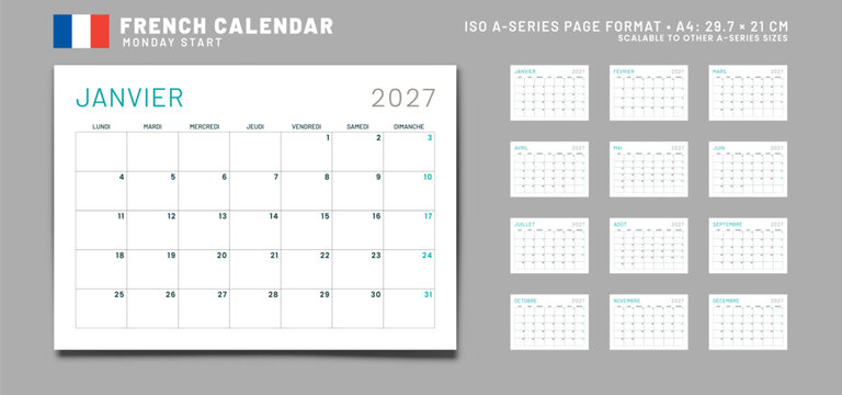2027 French language Calendar Planner Set Template, 12 Monthly Pages, A4 landscape 29.7x21cm. Vector grid layout of wall, desk calendar for corporate or personal scheduling and print. Start Monday.