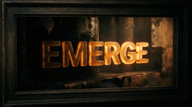 Glowing amber EMERGE text in a dark rustic frame, warm atmospheric coffee lighting, morning awakening and breakthrough concept.