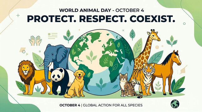 World animal day poster with protect respect coexist message and wildlife