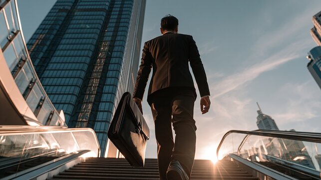 Vietnamese businessman walking toward modern skyscraper. Young businessman ascending stairs with briefcase, heading to tall corporate building