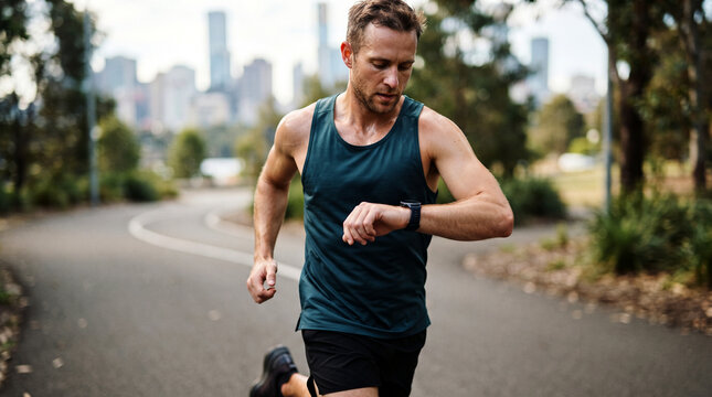 Fit Man Jogging Outdoors and Tracking Performance on Smart Watch