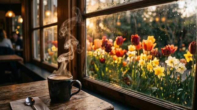 Steaming coffee mug by a rain-kissed cafe window overlooking vibrant spring tulips and daffodils in warm morning light.
