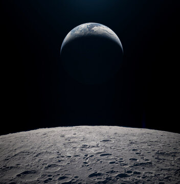A view of planet Earth from the cratered surface of the moon.  Elements of this image furnished by NASA.