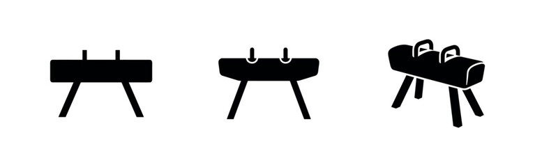 Pommel horse icons set. Gymnastics equipment, athletic sport, vaulting horse symbols. © Lili