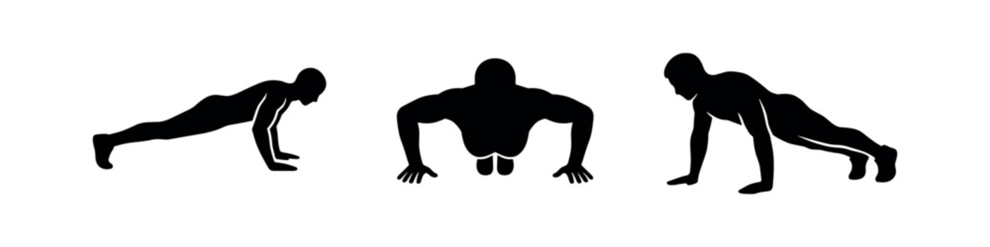 Push-up exercise icons set. Man doing physical training, fitness workout, strength building.