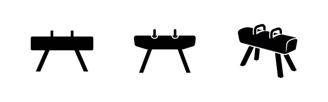 Pommel horse icons set. Gymnastics equipment, athletic sport, vaulting horse symbols.