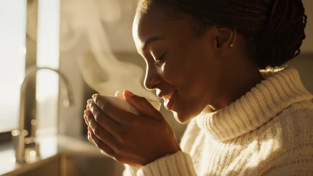 Woman sipping steaming hot beverage in sunlit kitchen. Morning routine, relaxation, comfort, home life, wellness.