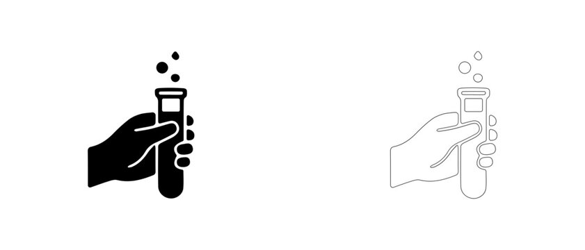 Hand holding test tube air sample vector icon filled and outline, air composition testing and chemical analysis symbol.