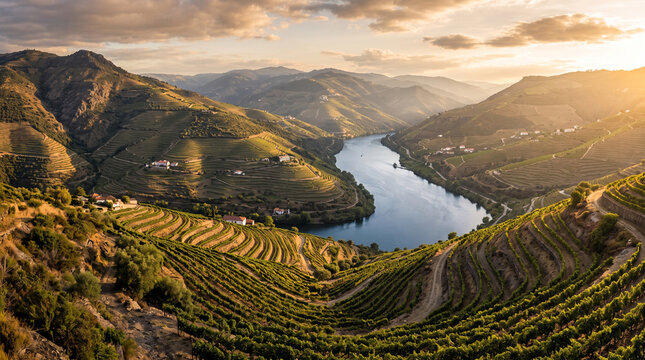 douro valley vineyard landscape with terraced hills and river at sunset