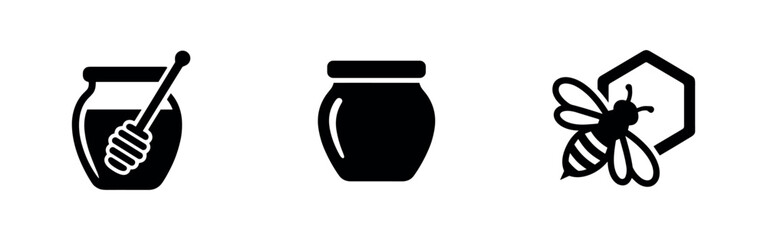 Naklejka premium Honey jar and bee vector icon set. Natural sweetener, apiculture symbol.