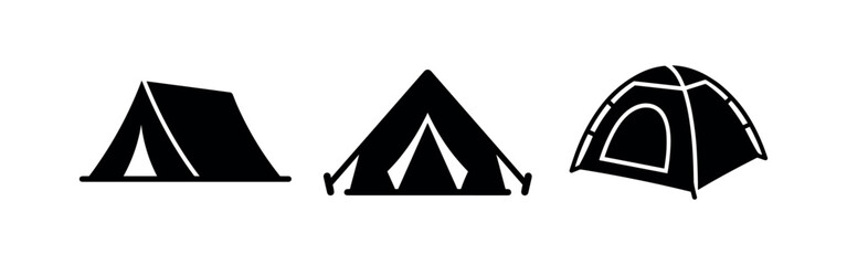 Camping tent icon set. Outdoor adventure and travel shelter symbols. © Lili