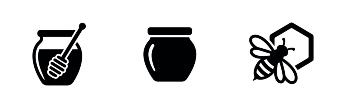 Honey jar and bee vector icon set. Natural sweetener, apiculture symbol.