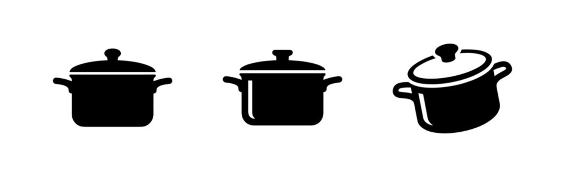 Cooking pot vector icon set. Kitchenware, food preparation, utensil symbol.