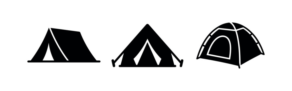 Camping tent icon set. Outdoor adventure and travel shelter symbols.