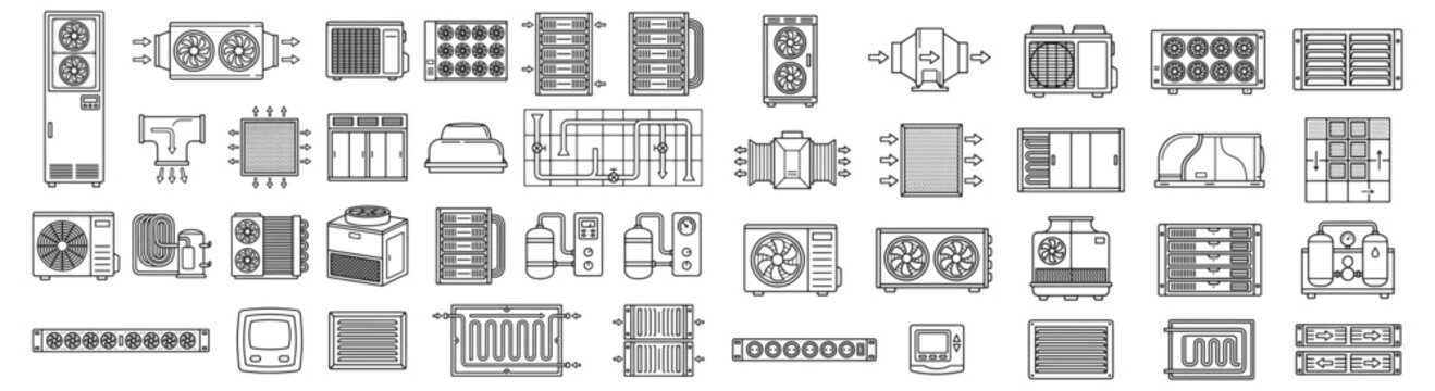 HVAC And Air Conditioning Line Art Icons Set Showing Ventilation, Ductwork, Fans, Units And Mechanical Components