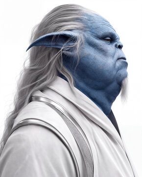 Profile of elderly blue alien with wrinkled skin, long white hair, pointed ear, white goatee, white robe with silver embroidery