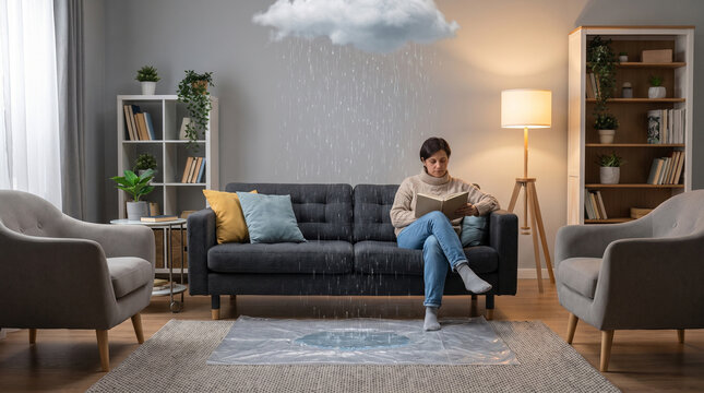 woman sitting on couch reading book under indoor rain cloud in living room