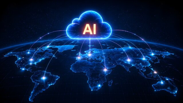 Global artificial intelligence network concept featuring a glowing AI cloud over a digital world map with connected nodes.