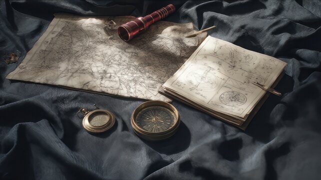 Vintage nautical map with brass telescope and compass, antique navigation tools on dark fabric, old world exploration equipment