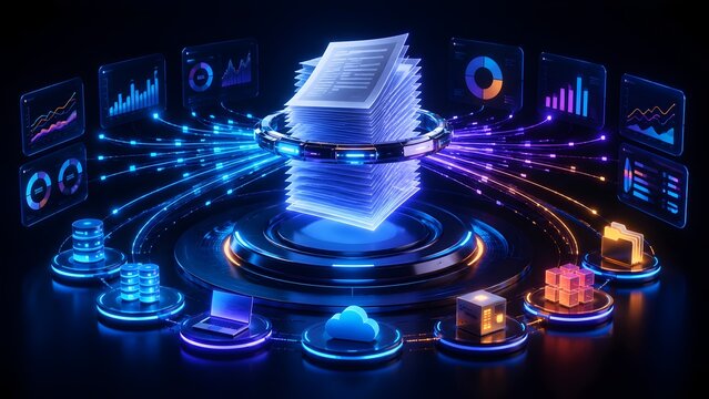 Centralized stack of glowing digital documents distributing data streams to servers laptops and analytical dashboards representing cloud computing network