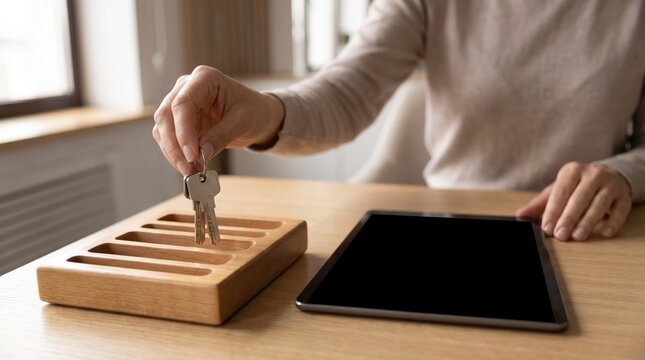 Woman taking house keys from wooden organizer tray next to digital tablet on desk