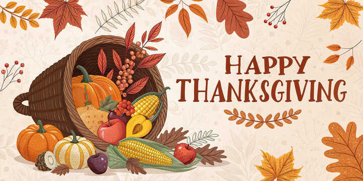 Happy Thanksgiving Autumn Harvest Cornucopia Pumpkins Leaves Celebration Vintage