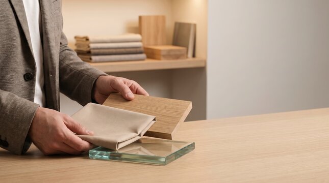 Male designer comparing fabric wood and glass material samples on wooden table