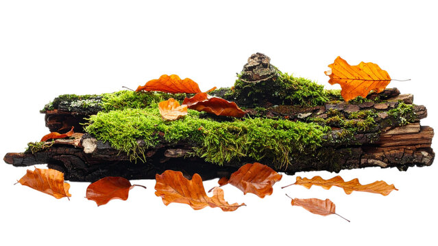 Mossy Forest Floor with Fallen Autumn Leaves and Exposed Roots, Isolated Compositing Element